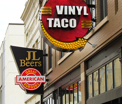 Downtown Fargo Exterior Cabinets of JL Beers and Vinyl Taco