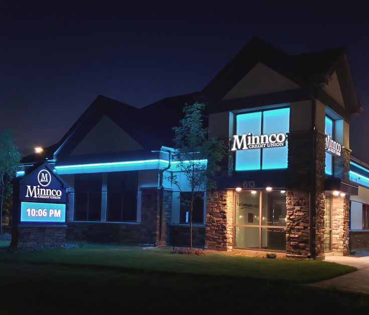 Minnco Credit Union Big Lake MN Exterior Signage at Night