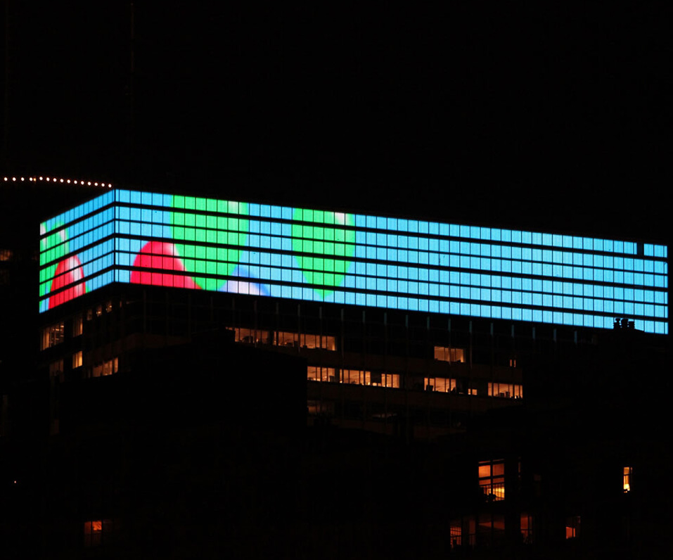 Electronic Message Center grid system covering top of building Minneapolis metro