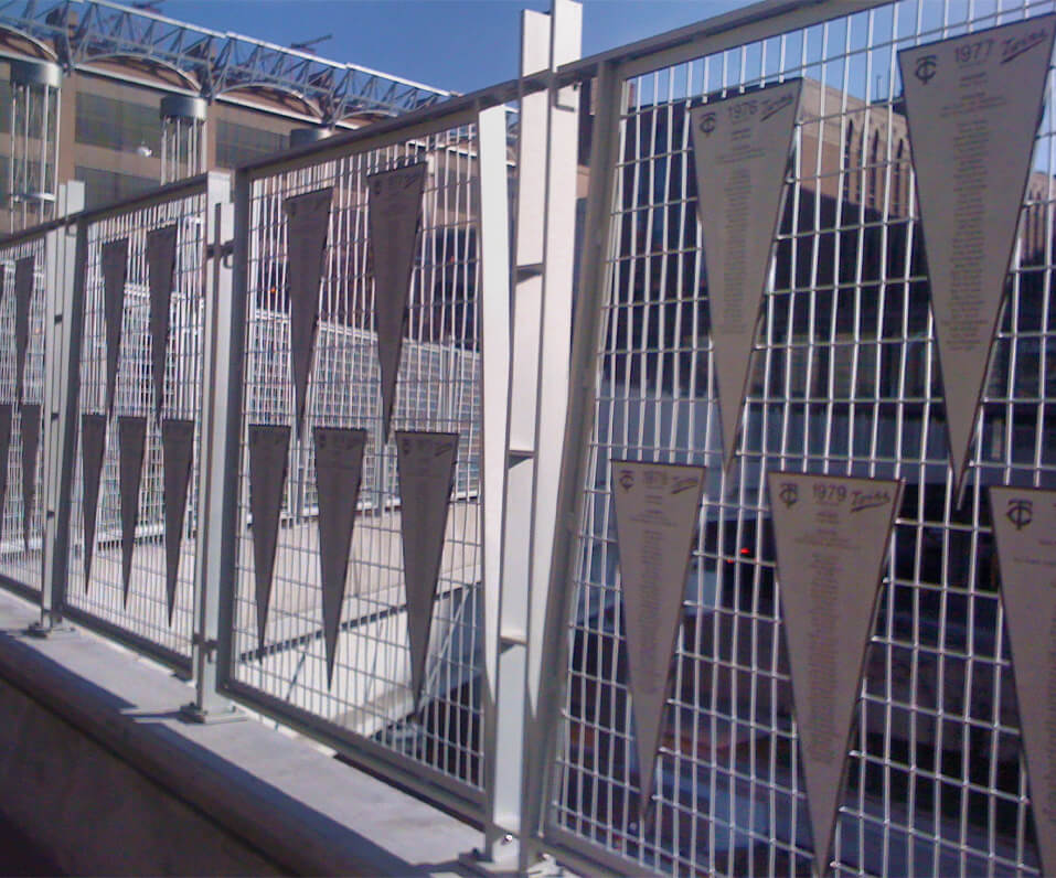 MN Twins stadium laser cut pendants on metal fence