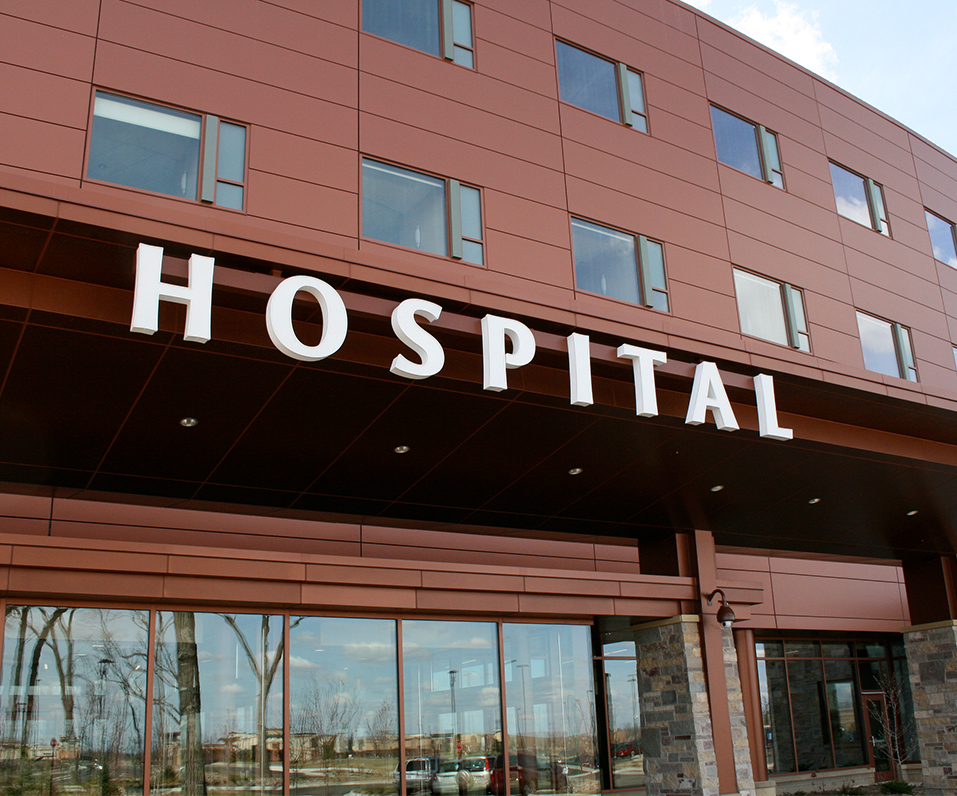 Maple Grove Hospital Exterior Hospital Channel Letters above entrance of building